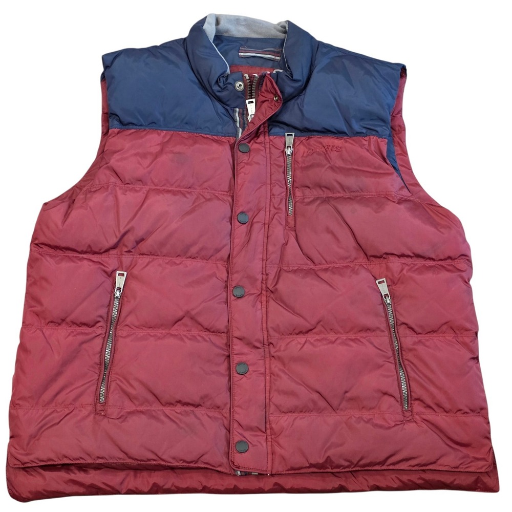 Orvis Essex Duck Down Puffer Vest Mens XL Burgundy Blue Colorblock Nylon Outer